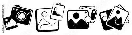 Camera poker chips and dice gambling game flat design vector illustration icon pack set