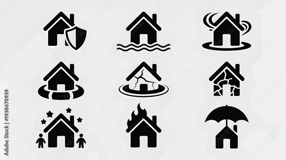Fototapeta premium A set of nine minimalist black house icons depicting various conditions and states, including protection, flooding, fire, and more, on a light gray background.