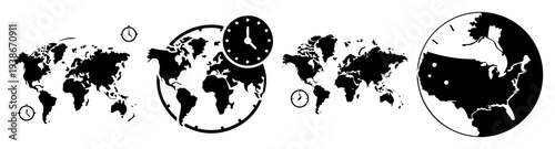 World time zone map with clocks vector illustration, global business and travel flat design icons pack