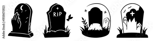 Halloween graveyard tombstones with ghosts and RIP sign flat design vector illustration