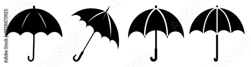 Four black umbrellas open in a row flat design vector illustration scalable graphic art