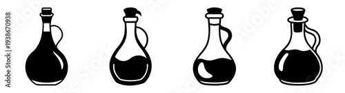 Set of four black vinegar bottles with stoppers vector illustration, minimalist kitchen condiment icons, flat design scalable graphic