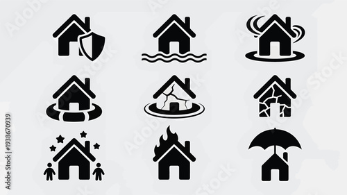 A set of nine minimalist black house icons depicting various conditions and states, including protection, flooding, fire, and more, on a light gray background.