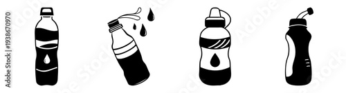 Set of reusable water bottles with sports caps flat design vector illustration icon pack