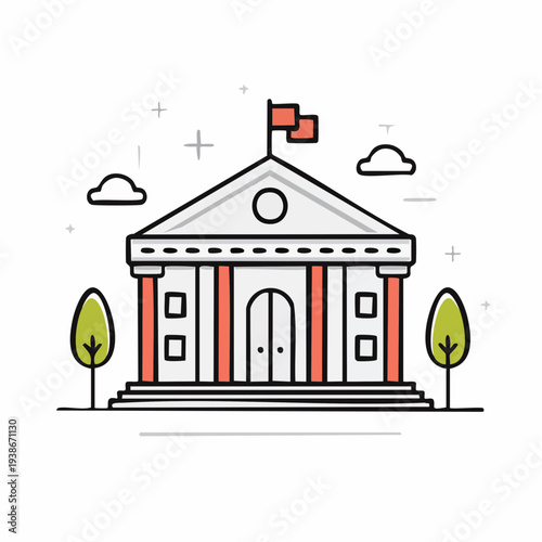 Simple Illustration of Government Building with Flag.
