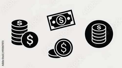 A modern and simple black and white vector graphic featuring stacks of coins and a banknote, conveying financial concepts in a clean and elegant flat design.