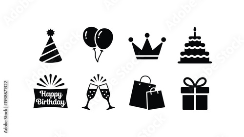 A set of minimalist black birthday icons on a white background, featuring a party hat, balloons, crown, cake, happy birthday banner, champagne glasses, shopping bags, and gift box.