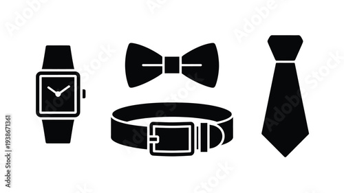 A sleek and modern flat design featuring a watch, bow tie, belt, and necktie in a simple yet elegant style, perfect for use in fashion or lifestyle contexts.