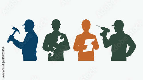A vibrant vector illustration of four worker silhouettes in different colors, each holding various construction tools on a clean background, ideal for business and industry concepts.