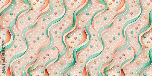 Abstract wave pattern with floral and geometric decorative elements in pastel colors Vector