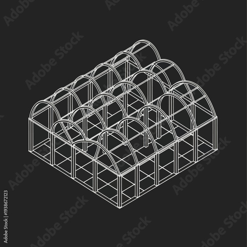 Wireframe Greenhouse Structure with Arched Roof.