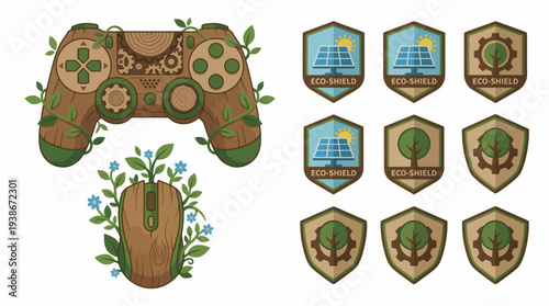 Wooden gamepad with green foliage and shields