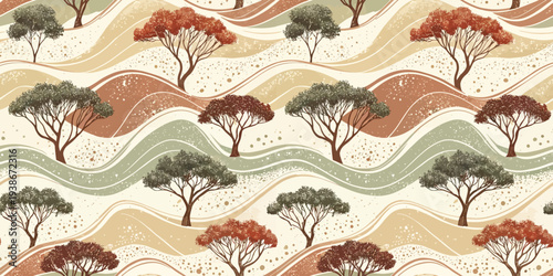 Aesthetic desert landscape with stylized trees and rolling hills pattern design Vector
