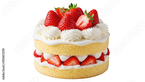 Strawberry shortcake with whipped cream topping isolated on transparent background