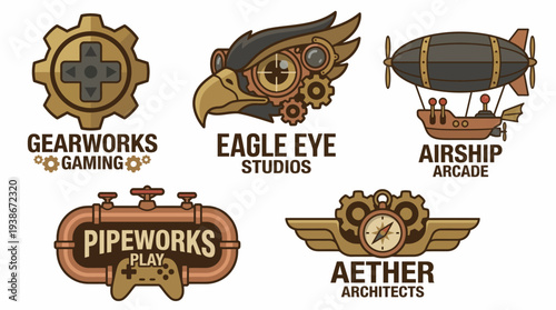 Steampunk Gaming Icons Featuring Airship and Gear