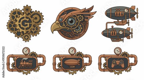Steampunk bird and machines illustration set