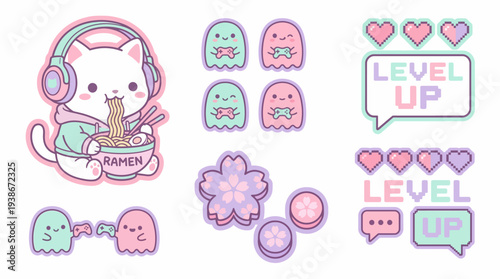 Gaming Cat with Ramen and Emotes Level Up