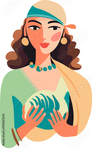 Boho style woman with headscarf holding leaf vector illustration