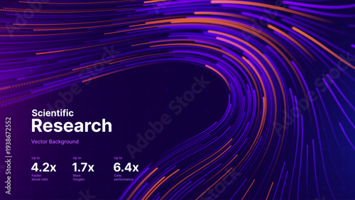 Scientific Data Flow Diagram with Glowing Streamlines for AI Research and Digital Marketing. Purple Abstract Dots Presentation Background. Vector Illustration.