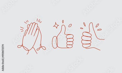 A series of minimalist reddish brown line drawings depicting various hand gestures and expressions