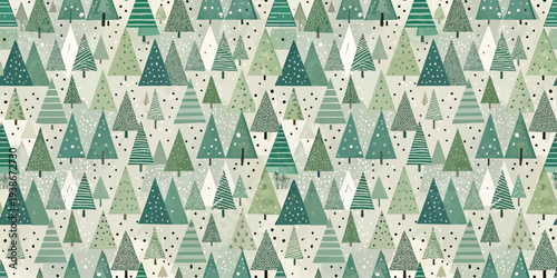 Aesthetic repeating pattern of green triangular trees on a neutral background Vector