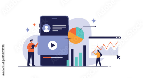 Marketing team analyzing video content performance and user engagement data on mobile and desktop analytics dashboards.