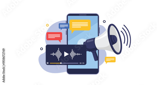 Voice marketing and audio advertising concept with a megaphone and sound wave player on a smartphone for promotion.