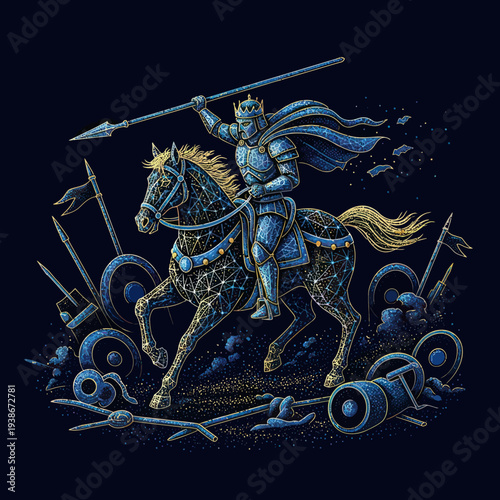 Knight on Horseback with Sword Raised.
