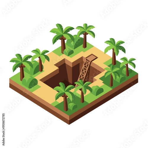 3D Isometric Illustration of Ancient Ruins with Palm Trees.