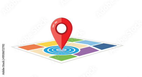 Red GPS map pin icon showing a specific destination or current location on a colorful simplified digital city map.