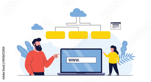 Team collaborating on website architecture and sitemap planning with a laptop connected to a cloud hosting service.