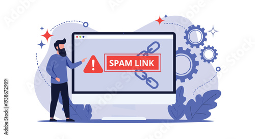 Man identifying a spam link and phishing attempt on a computer screen with a cybersecurity warning and broken chain icon.