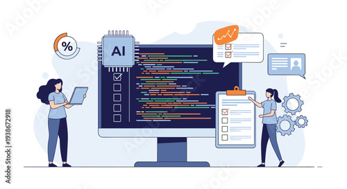 Quality assurance team using AI for automated software testing and code review on a computer with checklists.