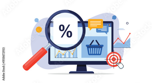 E-commerce conversion rate optimization and sales analysis with a magnifying glass focused on a percentage icon.