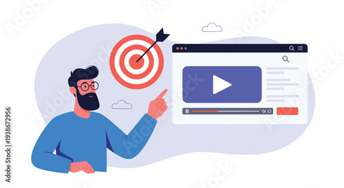 A marketing professional pointing to a targeted video advertising campaign on a website to reach a specific audience.