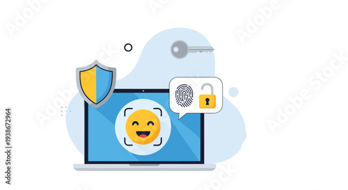 Facial recognition technology for device security and user authentication with biometric data and encryption icons.