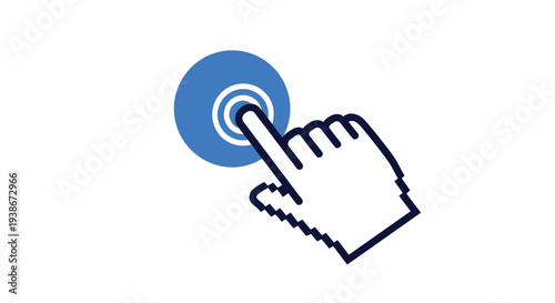 A pixelated computer mouse cursor hand clicking a blue button for a call to action on a website or application.