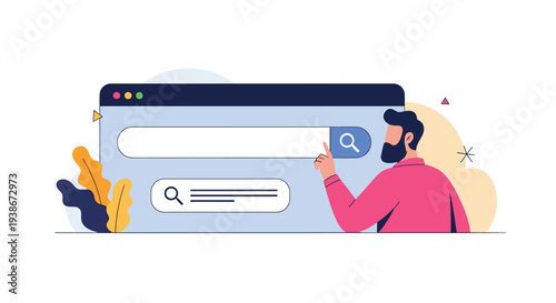 A man using a search engine on a browser to find information online by typing a query into the search bar.