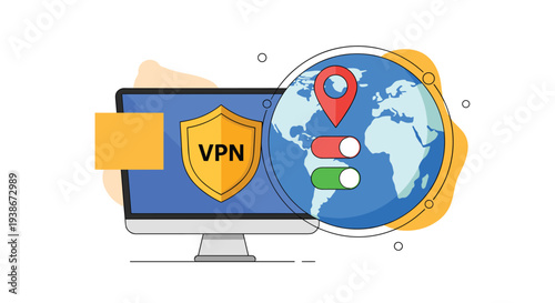 A VPN service for secure and private internet browsing with IP address location switching shown on a world map.