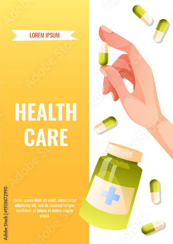 Healthcare Advertising Banner with Female Hand Holding Green Capsule and Medicine Bottle