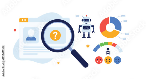 Using AI for customer persona research and user behavior analysis with data charts and satisfaction feedback meters.