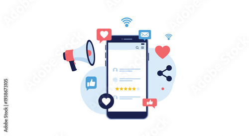 A smartphone displaying a social media profile with positive reviews and engagement icons for online reputation management.