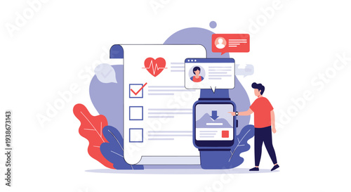 Man uses a modern smartwatch application to track his heart rate and fitness goals with a digital health checklist in the background.