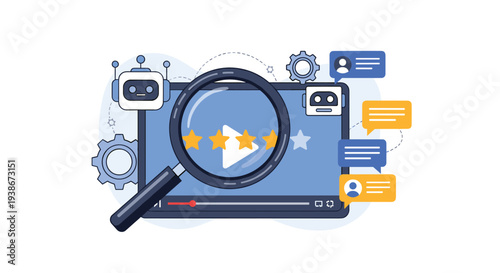 AI chatbots analyzing video content and user comments to determine ratings and sentiment with a magnifying glass for detailed review.