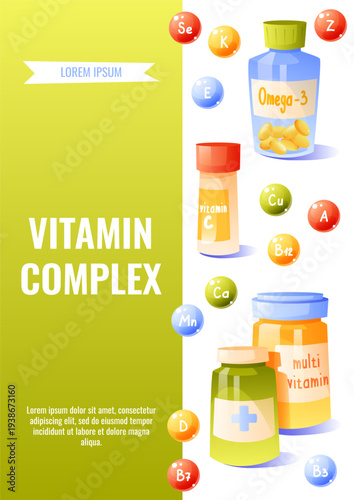 Vitamin Complex Advertising Layout with Omega-3 and Vitamin C Bottles