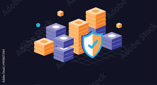 Isometric illustration of data servers and blockchain stacks protected by a security shield representing data safety and protection.