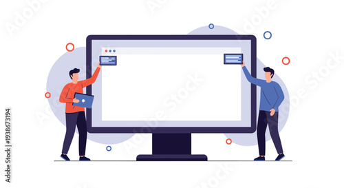 Two male developers or designers work together on a large computer monitor arranging user interface elements on a webpage.