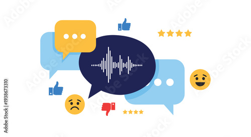 Voice feedback and sentiment analysis concept showing a sound wave in a speech bubble with positive and negative customer reviews.