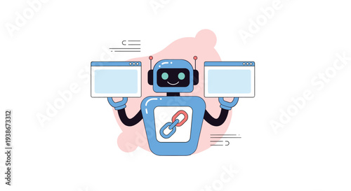 Link building SEO concept illustrated by a friendly robot holding two browser windows connected by a strong chain link icon.