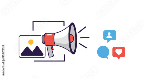 Content promotion and social media marketing concept with a megaphone amplifying an image to get likes comments and followers.